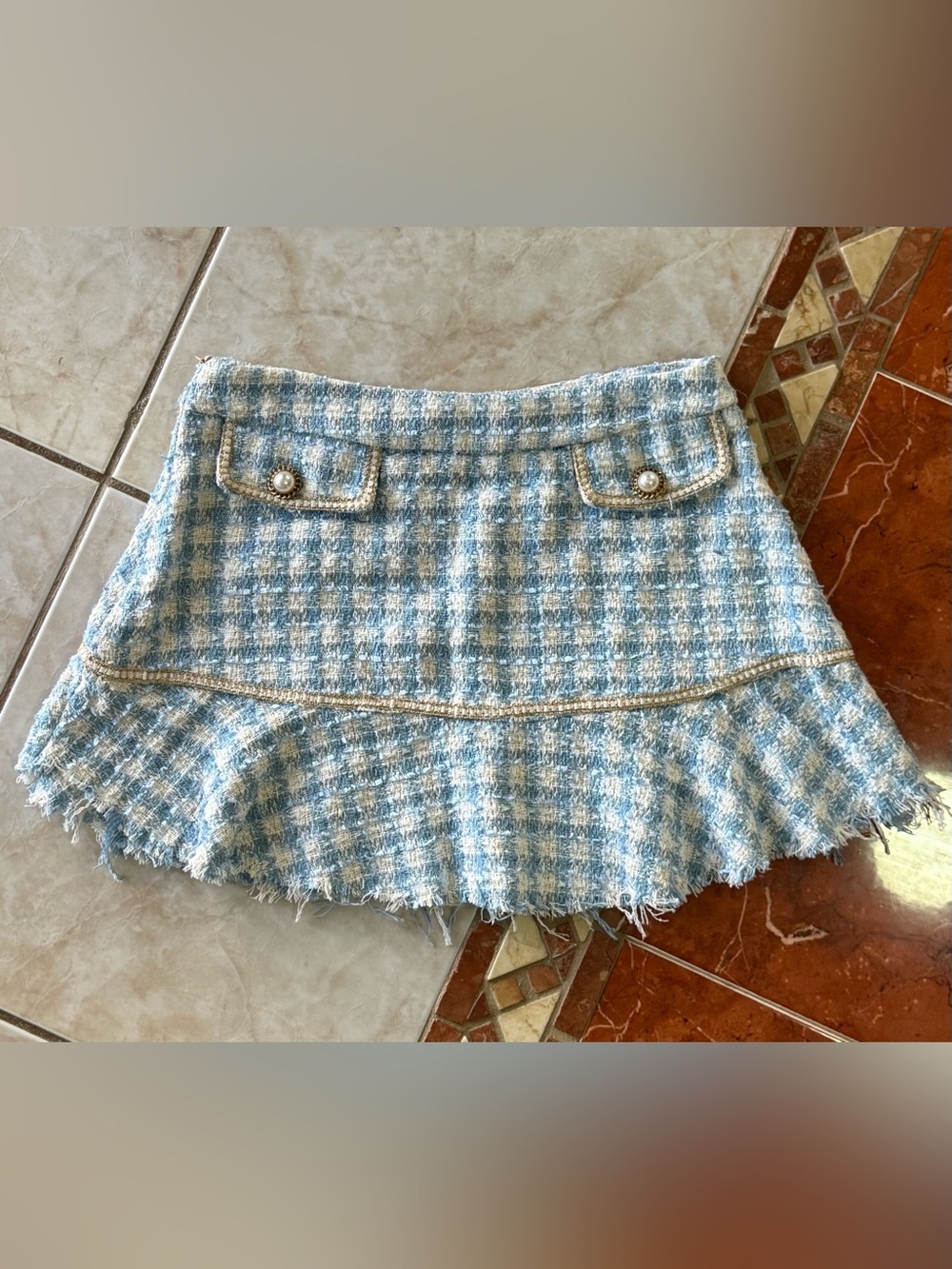 SHEIN Blue Tweed Pearl Button Drop Waist Mini Skirt - Size S